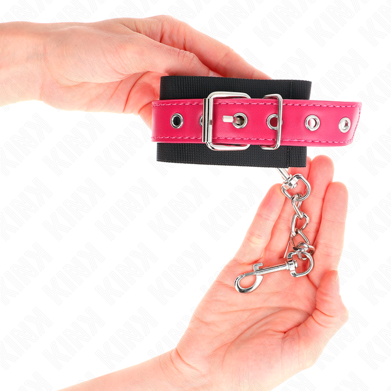KINK - NYLON WRIST RESTRAINTS BLACK WITH LEATHERETTE BELT RASPBERRY ROSE ADJUSTABLE 19-29 CM X 5.1 CM - Amore24