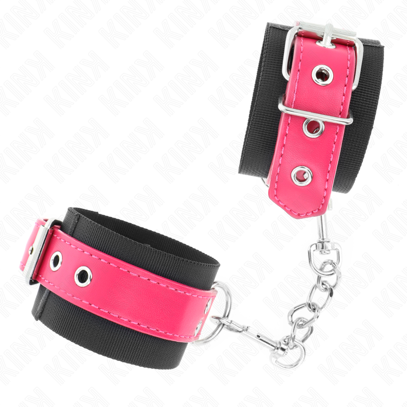 KINK - NYLON WRIST RESTRAINTS BLACK WITH LEATHERETTE BELT RASPBERRY ROSE ADJUSTABLE 19-29 CM X 5.1 CM - Amore24