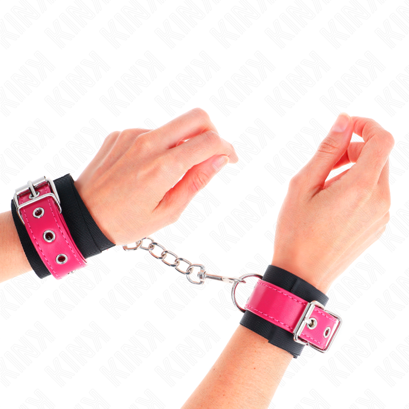 KINK - NYLON WRIST RESTRAINTS BLACK WITH LEATHERETTE BELT RASPBERRY ROSE ADJUSTABLE 19-29 CM X 5.1 CM - Amore24