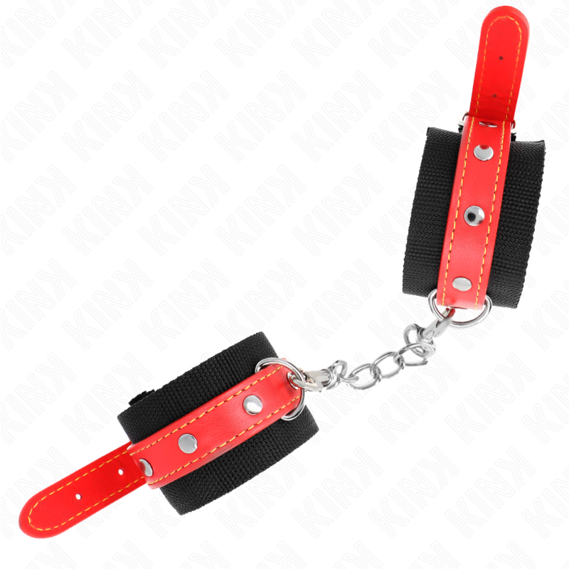 KINK - NYLON WRIST RESTRAINTS BLACK WITH LEATHERETTE RED ADJUSTABLE 19-24 CM X 5.5 CM - Amore24
