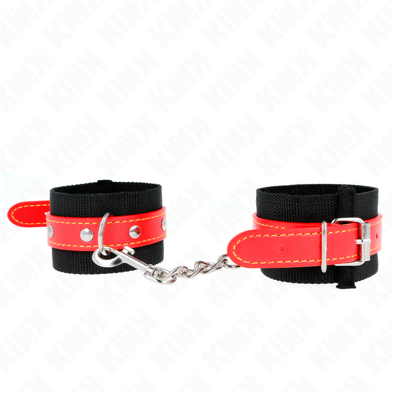 KINK - NYLON WRIST RESTRAINTS BLACK WITH LEATHERETTE RED ADJUSTABLE 19-24 CM X 5.5 CM - Amore24