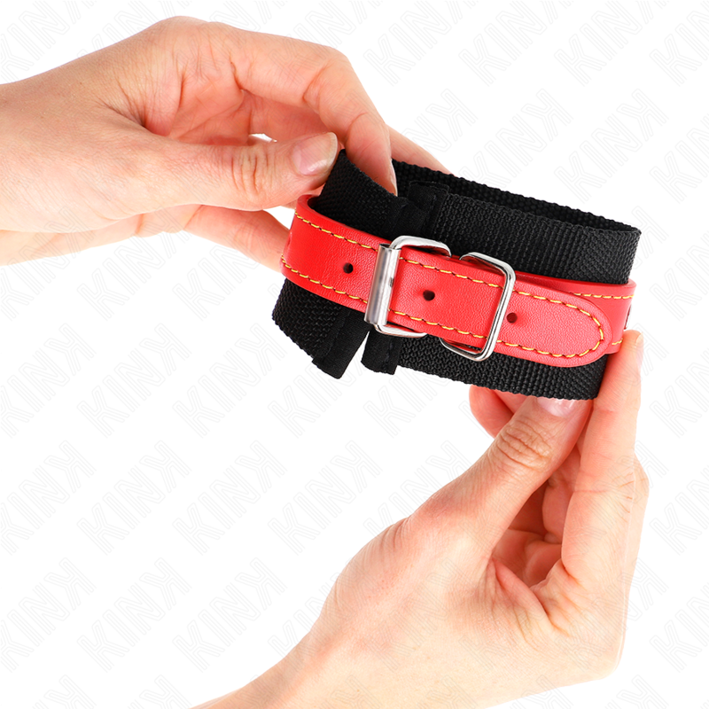 KINK - NYLON WRIST RESTRAINTS BLACK WITH LEATHERETTE RED ADJUSTABLE 19-24 CM X 5.5 CM - Amore24