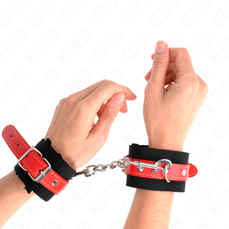 KINK - NYLON WRIST RESTRAINTS BLACK WITH LEATHERETTE RED ADJUSTABLE 19-24 CM X 5.5 CM - Amore24