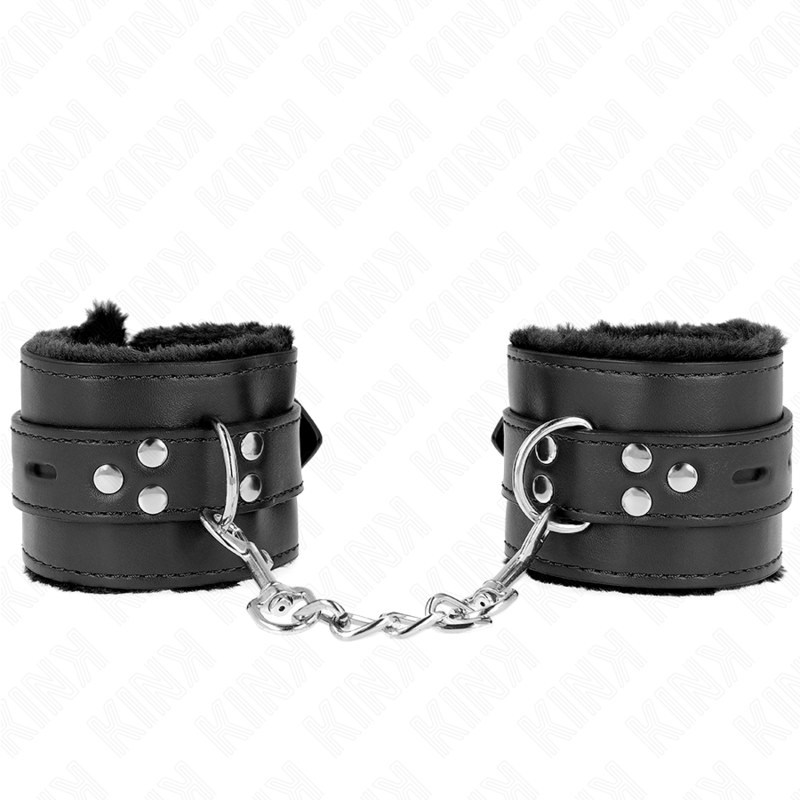 KINK - FUR LINED WRIST RESTRAINTS WITH SQUARE HOLES BLACK AND BLACK BELT ADJUSTABLE 17-29 CM X 6 CM - Amore24