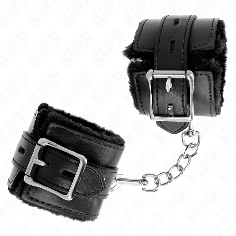 KINK - FUR LINED WRIST RESTRAINTS WITH SQUARE HOLES BLACK AND BLACK BELT ADJUSTABLE 17-29 CM X 6 CM - Amore24