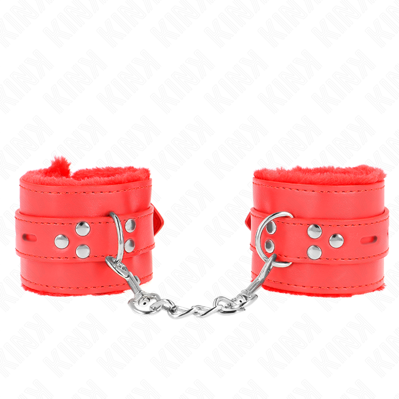 KINK - FUR LINED WRIST RESTRAINTS WITH SQUARE HOLES RED AND RED BELT ADJUSTABLE 17-29 CM X 6 CM - Amore24
