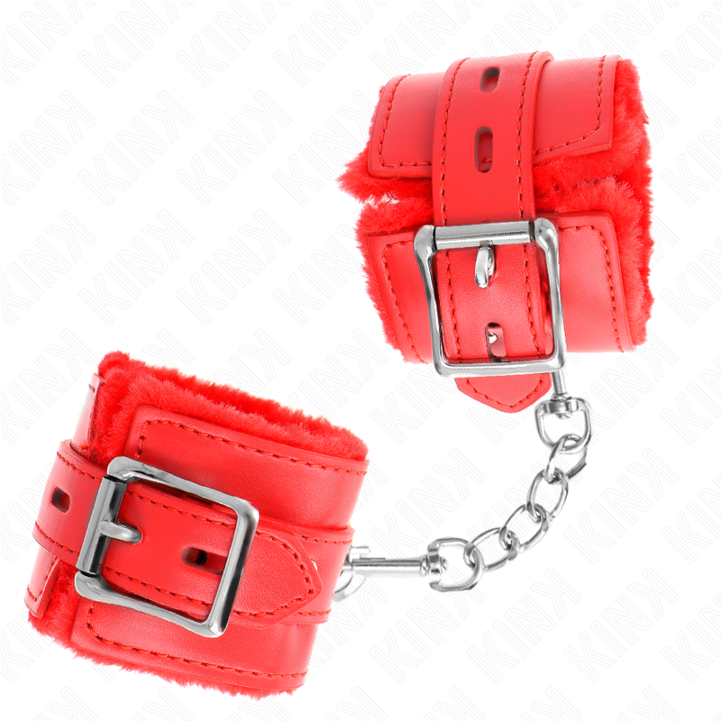 KINK - FUR LINED WRIST RESTRAINTS WITH SQUARE HOLES RED AND RED BELT ADJUSTABLE 17-29 CM X 6 CM - Amore24