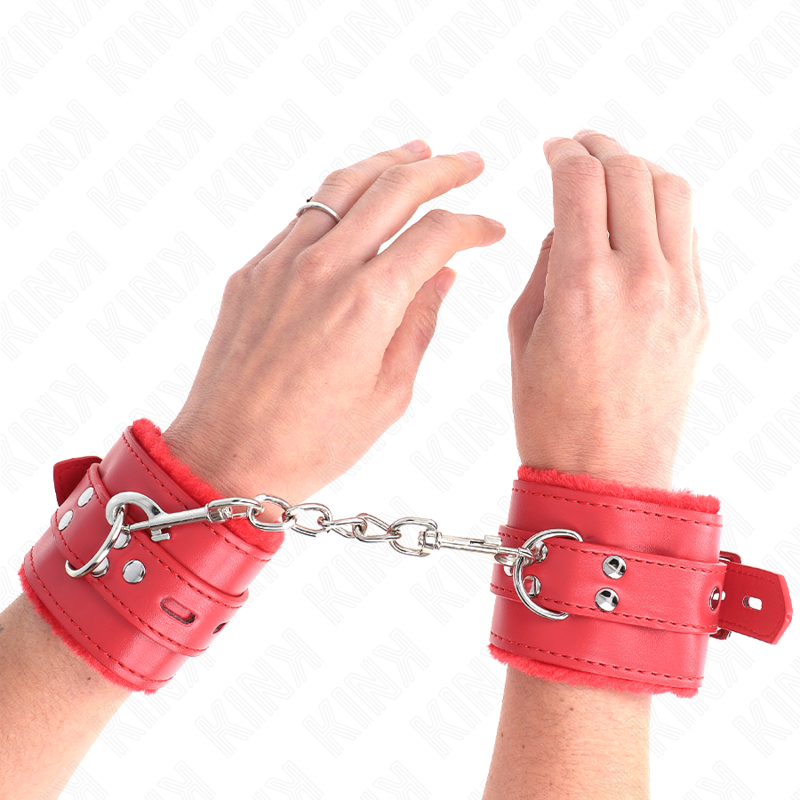 KINK - FUR LINED WRIST RESTRAINTS WITH SQUARE HOLES RED AND RED BELT ADJUSTABLE 17-29 CM X 6 CM - Amore24