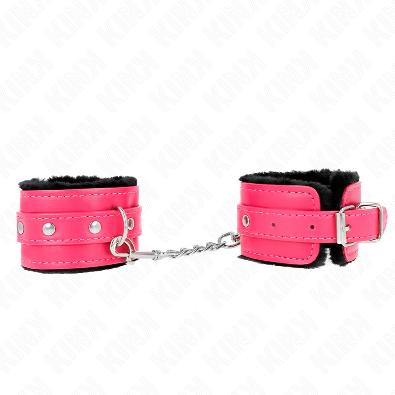 KINK - PREMIUM FUR LINED WRIST RESTRAINTS BLACK WITH RASPBERRY ROSE BELT ADJUSTABLE 17-29 CM X 6 CM - Amore24