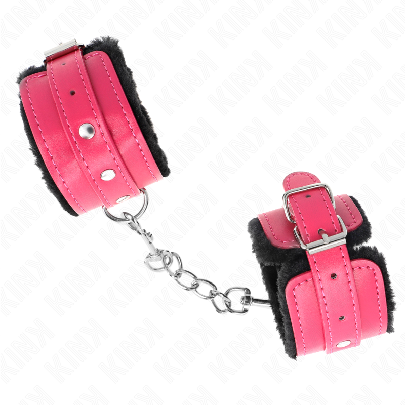 KINK - PREMIUM FUR LINED WRIST RESTRAINTS BLACK WITH RASPBERRY ROSE BELT ADJUSTABLE 17-29 CM X 6 CM - Amore24