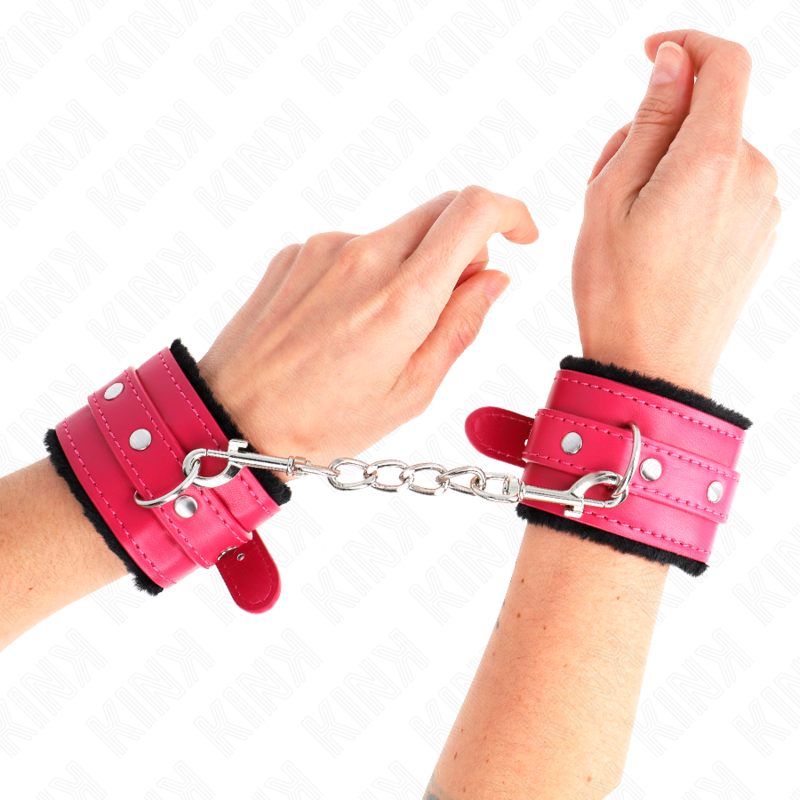 KINK - PREMIUM FUR LINED WRIST RESTRAINTS BLACK WITH RASPBERRY ROSE BELT ADJUSTABLE 17-29 CM X 6 CM - Amore24