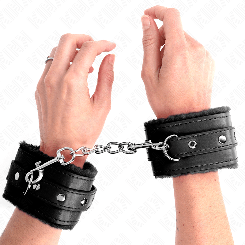 KINK - PREMIUM FUR LINED WRIST RESTRAINTS BLACK WITH BLACK BELT ADJUSTABLE 17 - 29 CM X 6 CM - Amore24