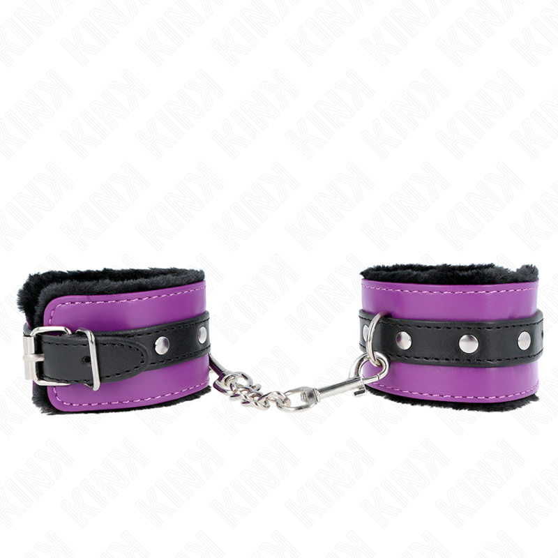 KINK - PREMIUM FUR LINED WRIST RESTRAINTS BLACK WITH PURPLE / BLACK BELT ADJUSTABLE 17-29 CM X 6 CM - Amore24