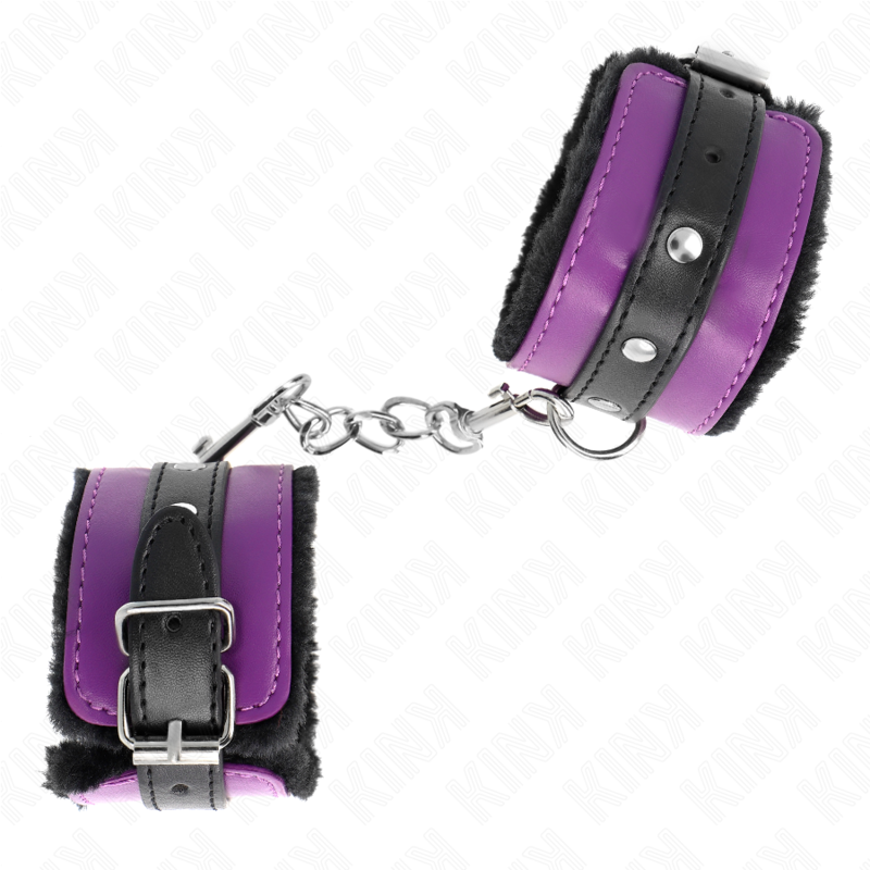 KINK - PREMIUM FUR LINED WRIST RESTRAINTS BLACK WITH PURPLE / BLACK BELT ADJUSTABLE 17-29 CM X 6 CM - Amore24
