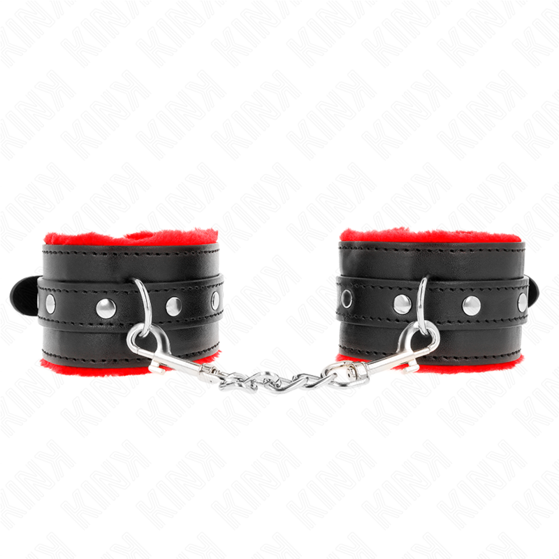 KINK - PREMIUM FUR LINED WRIST RESTRAINTS RED WITH BLACK BELT ADJUSTABLE 17-29 CM X 6 CM - Amore24