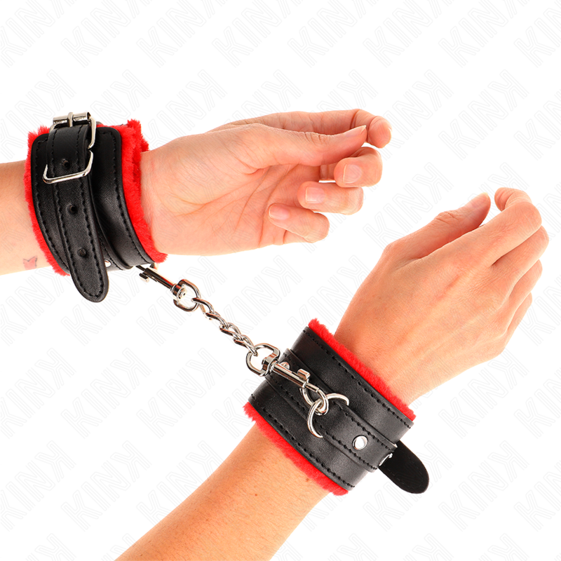 KINK - PREMIUM FUR LINED WRIST RESTRAINTS RED WITH BLACK BELT ADJUSTABLE 17-29 CM X 6 CM - Amore24
