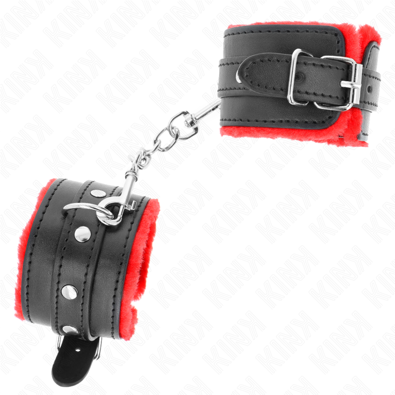 KINK - PREMIUM FUR LINED WRIST RESTRAINTS RED WITH BLACK BELT ADJUSTABLE 17-29 CM X 6 CM - Amore24