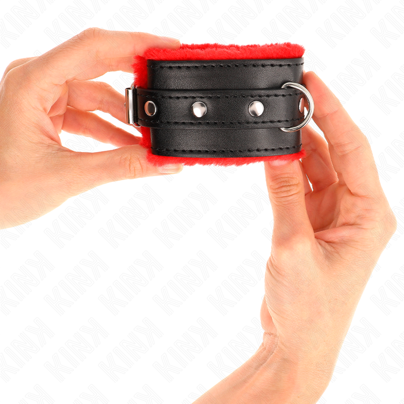 KINK - PREMIUM FUR LINED WRIST RESTRAINTS RED WITH BLACK BELT ADJUSTABLE 17-29 CM X 6 CM - Amore24