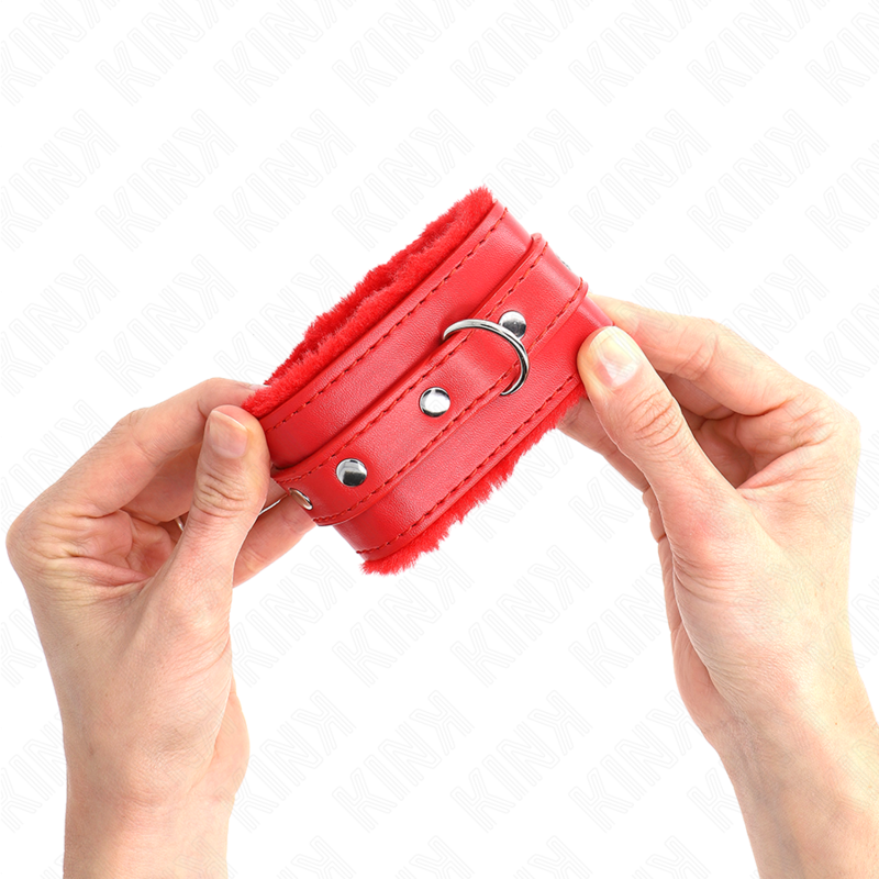 KINK - PREMIUM FUR LINED WRIST RESTRAINTS RED WITH RED BELT ADJUSTABLE 17-29 CM X 6 CM - Amore24