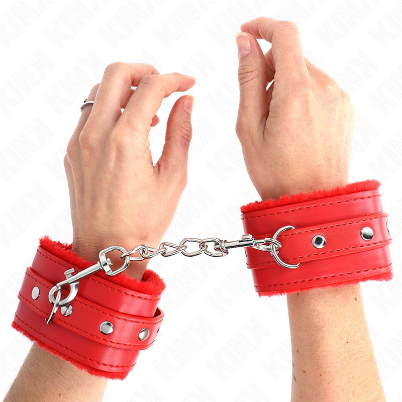 KINK - PREMIUM FUR LINED WRIST RESTRAINTS RED WITH RED BELT ADJUSTABLE 17-29 CM X 6 CM - Amore24