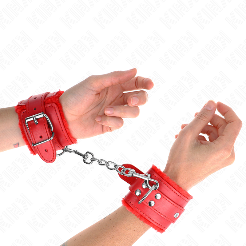 KINK - FUR LINED WRIST RESTRAINTS RED WITH RED BELT ADJUSTABLE 17-29 CM X 6 CM - Amore24