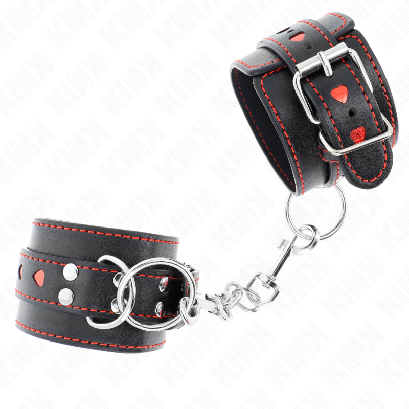 KINK - BLACK WRIST RESTRAINTS WITH RED HEART INLAY ADJUSTABLE 21-28 CM X 5.5 CM - Amore24