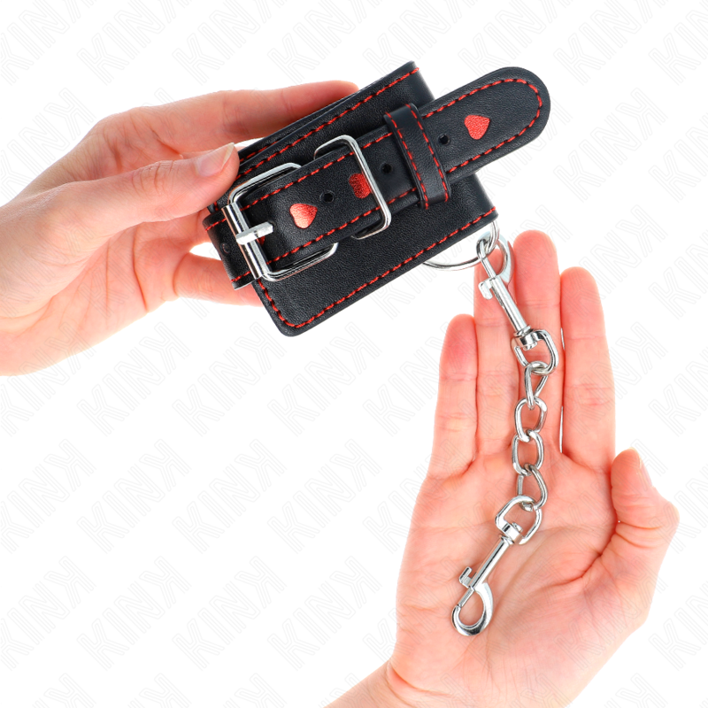 KINK - BLACK WRIST RESTRAINTS WITH RED HEART INLAY ADJUSTABLE 21-28 CM X 5.5 CM - Amore24