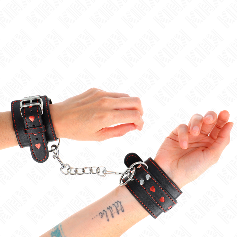 KINK - BLACK WRIST RESTRAINTS WITH RED HEART INLAY ADJUSTABLE 21-28 CM X 5.5 CM - Amore24