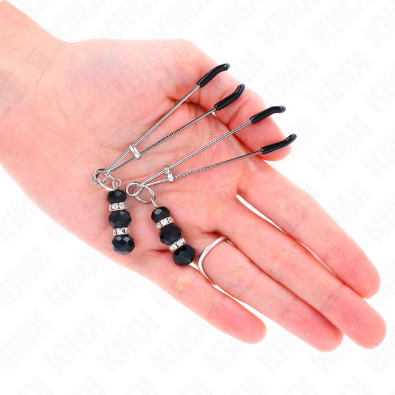 KINK - GOLD THIN NIPPLE CLAMPS WITH 3 BLACK GLASS BEADS 7 CM - Amore24