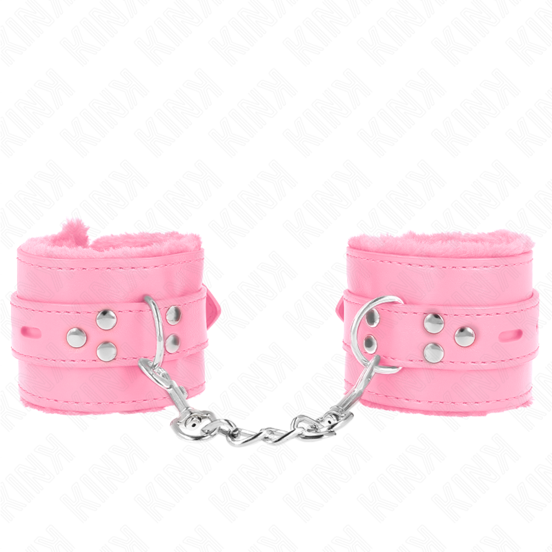 KINK - FUR LINED WRIST RESTRAINTS WITH SQUARE HOLES PINK AND PINK BELT ADJUSTABLE 17-29 CM X 6 CM - Amore24