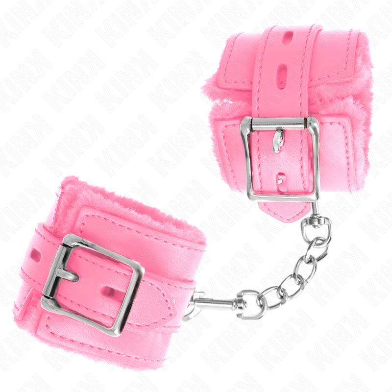 KINK - FUR LINED WRIST RESTRAINTS WITH SQUARE HOLES PINK AND PINK BELT ADJUSTABLE 17-29 CM X 6 CM - Amore24