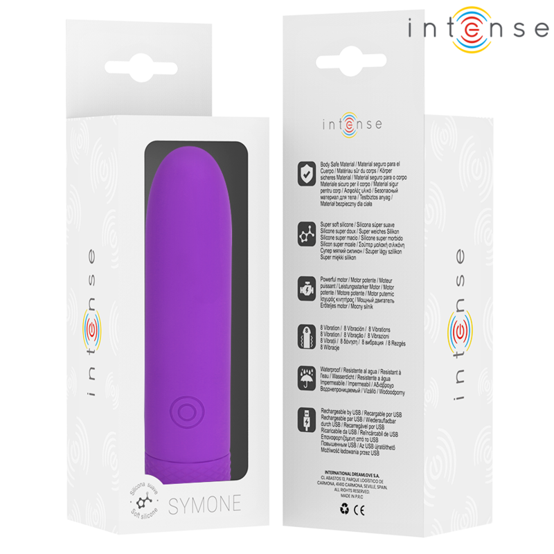 INTENSE - SYMONE USB RECHARGEABLE VIBRATING BULLET 8 VIBRATIONS PURPLE 10 X 2.2 CM - Amore24