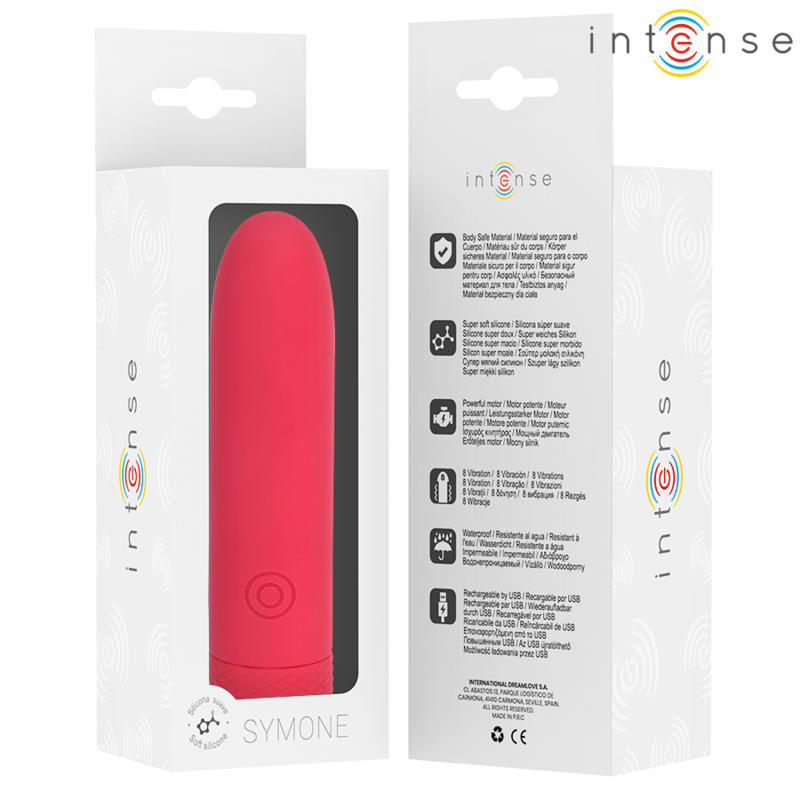 INTENSE - SYMONE USB RECHARGEABLE VIBRATING BULLET 8 VIBRATIONS RED 10 X 2.2 CM - Amore24
