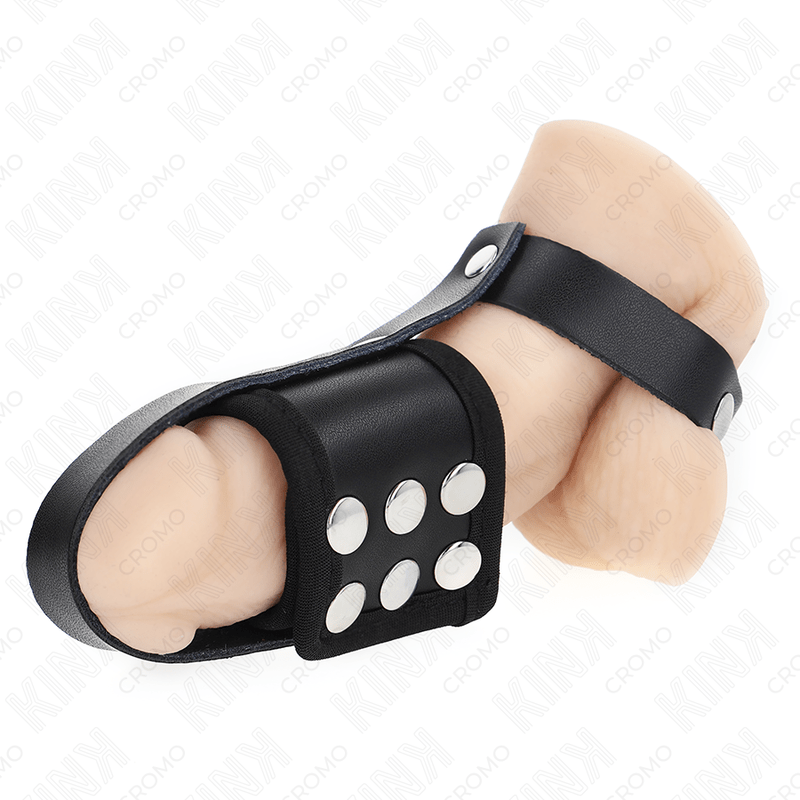 KINK - LEATHER PENIS CAGE RING WITH ADJUSTABLE COATED BALL DIVIDER STRAP - Amore24