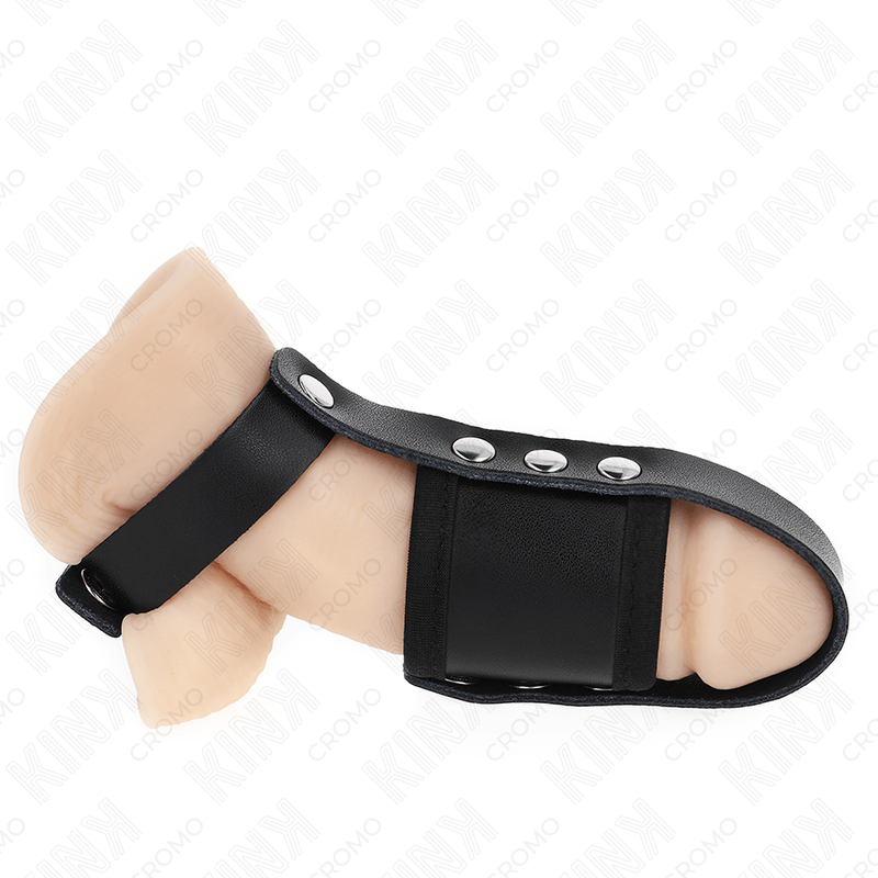 KINK - LEATHER PENIS CAGE RING WITH ADJUSTABLE COATED BALL DIVIDER STRAP - Amore24