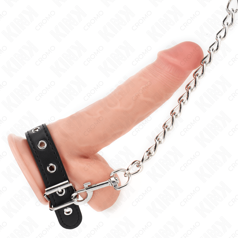KINK - LEATHER PENIS RING WITH STRAP 21.5 X 2 CM AND METAL CHAIN 60 CM - Amore24