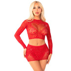 LEG AVENUE - SHINY NET CROP + MINI SKIRT RED - Amore24