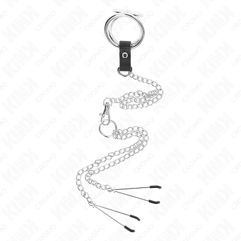 KINK - TRIPLE CHROME METAL PENIS RING 3 CM TO 4.5 CM WITH 26 CM METAL CHAIN AND NIPPLE CLIPS - Amore24