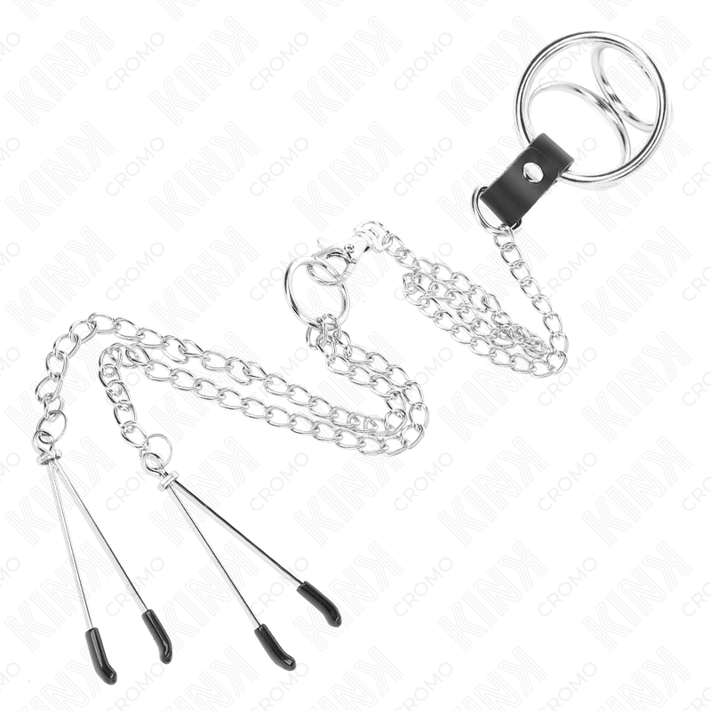 KINK - TRIPLE CHROME METAL PENIS RING 3 CM TO 4.5 CM WITH 26 CM METAL CHAIN AND NIPPLE CLIPS - Amore24