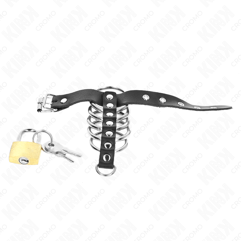 KINK - LEATHER PENIS RING WITH LOCK STRAP 21 X 2 CM AND 5 METAL RINGS FROM 3 CM TO 4 CM - Amore24