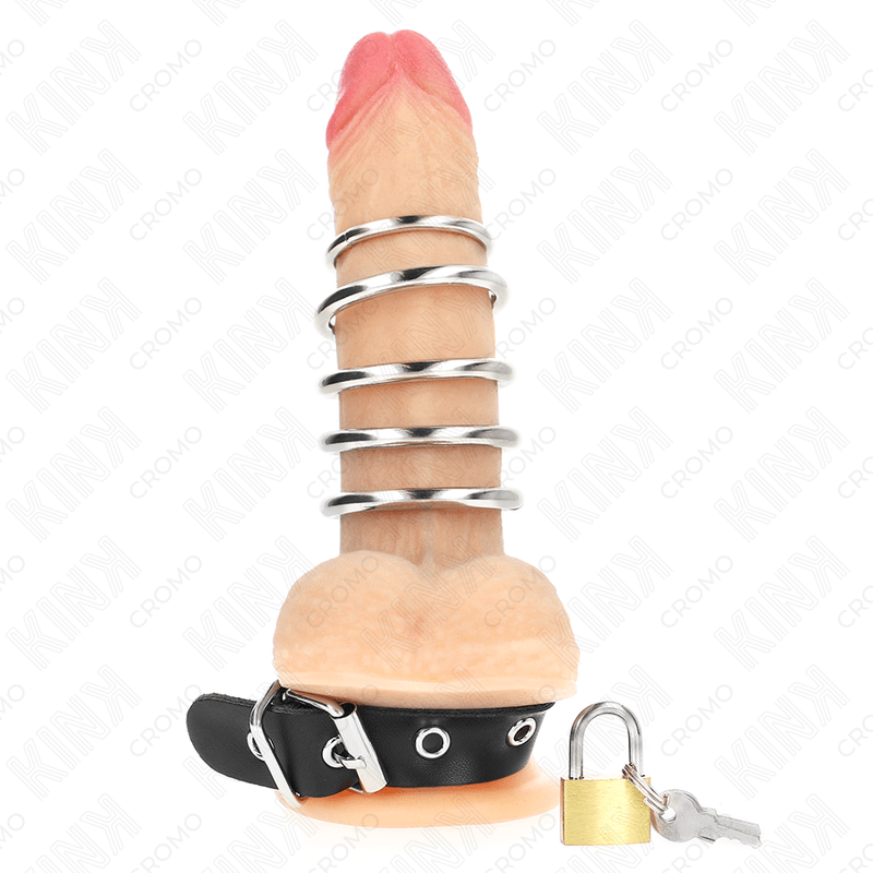 KINK - LEATHER PENIS RING WITH LOCK STRAP 21 X 2 CM AND 5 METAL RINGS FROM 3 CM TO 4 CM - Amore24