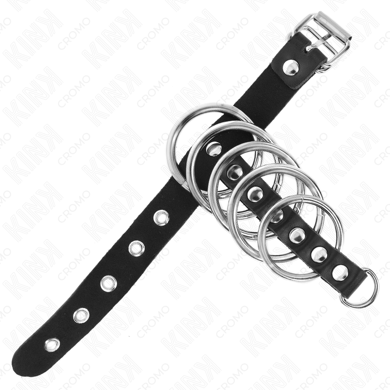 KINK - LEATHER PENIS RING WITH LOCK STRAP 21 X 2 CM AND 5 METAL RINGS FROM 3 CM TO 4 CM - Amore24