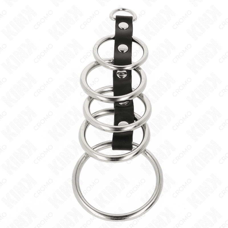 KINK - 5 METAL PENIS RINGS 3.2 CM TO 5 CM CONNECTED BY LEATHER - Amore24