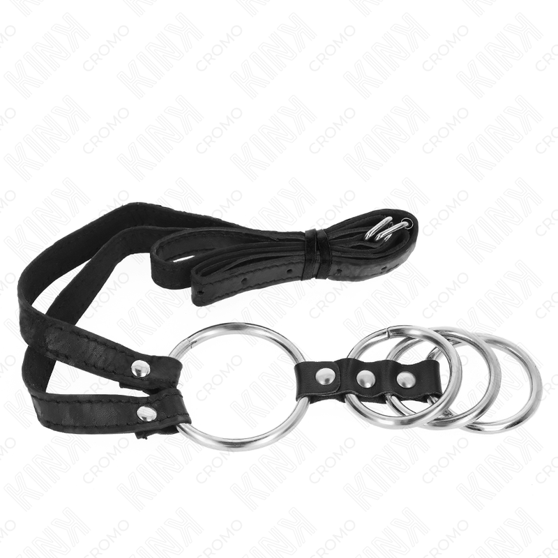 KINK - 4 CONNECTED METAL PENIS RINGS 3.8 CM TO 5 CM WITH LEATHER BELT 112 CM - Amore24