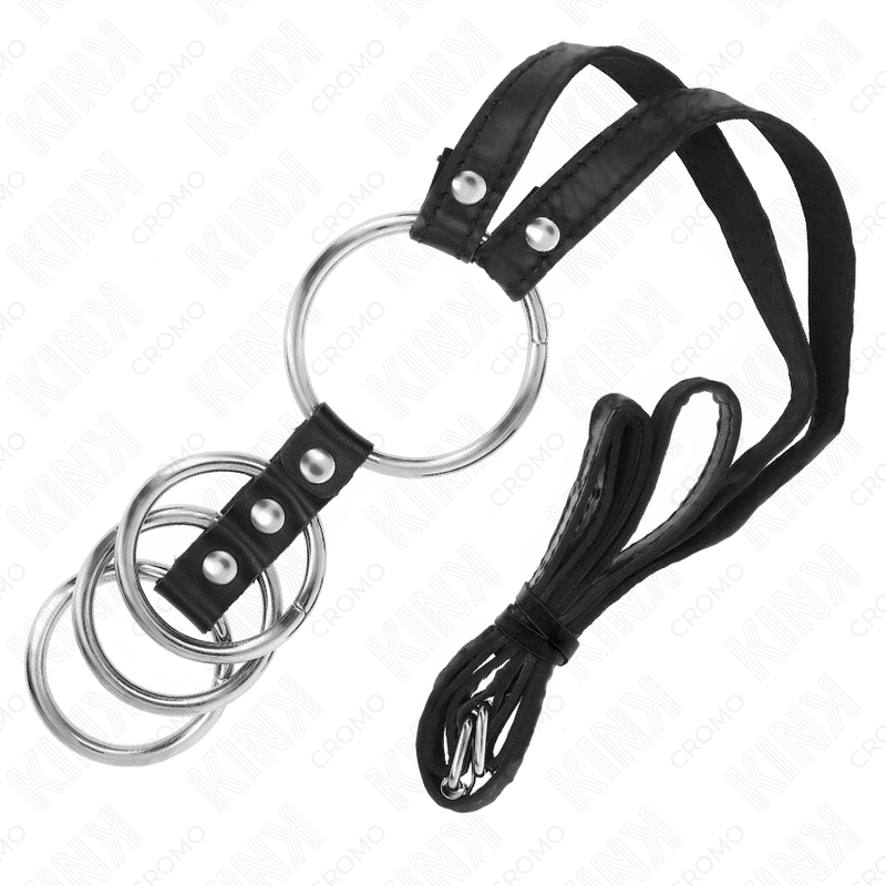 KINK - 4 CONNECTED METAL PENIS RINGS 3.8 CM TO 5 CM WITH LEATHER BELT 112 CM - Amore24
