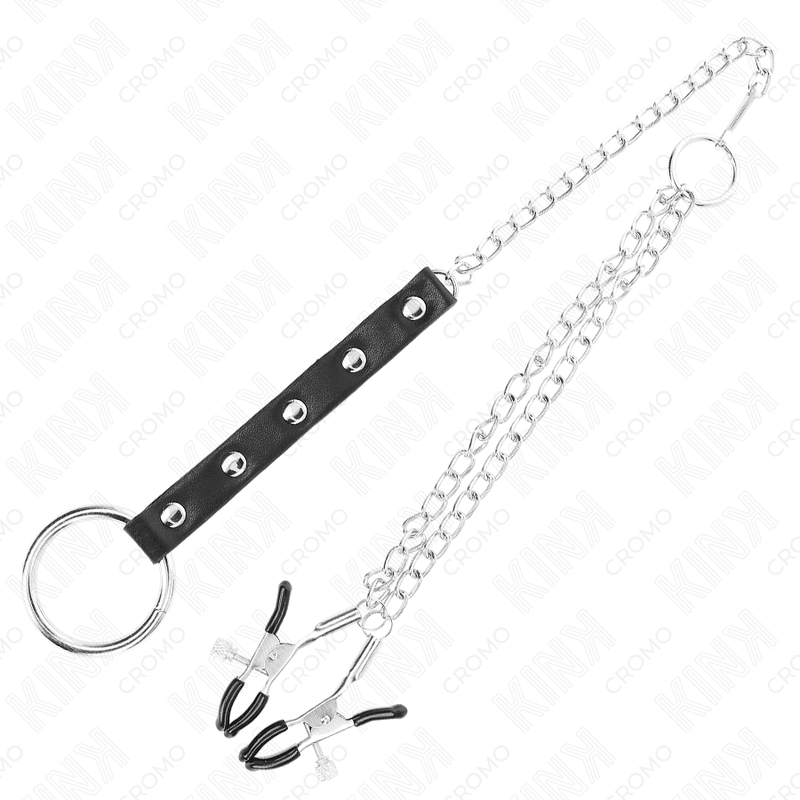 KINK - METAL PENIS RING WITH CHAIN AND ADJUSTABLE NIPPLE CLAMPS - Amore24