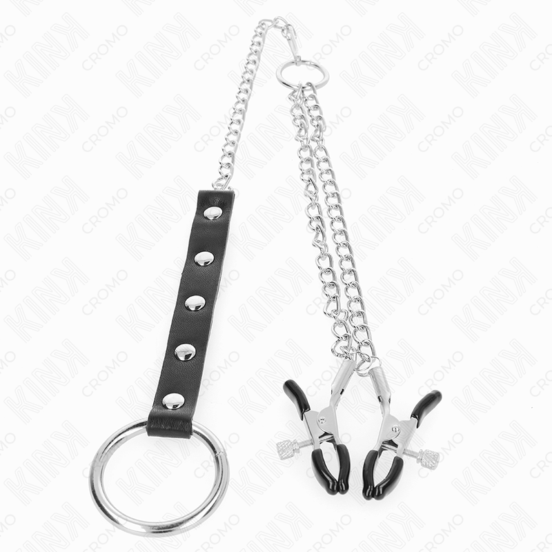 KINK - METAL PENIS RING WITH CHAIN AND ADJUSTABLE NIPPLE CLAMPS - Amore24