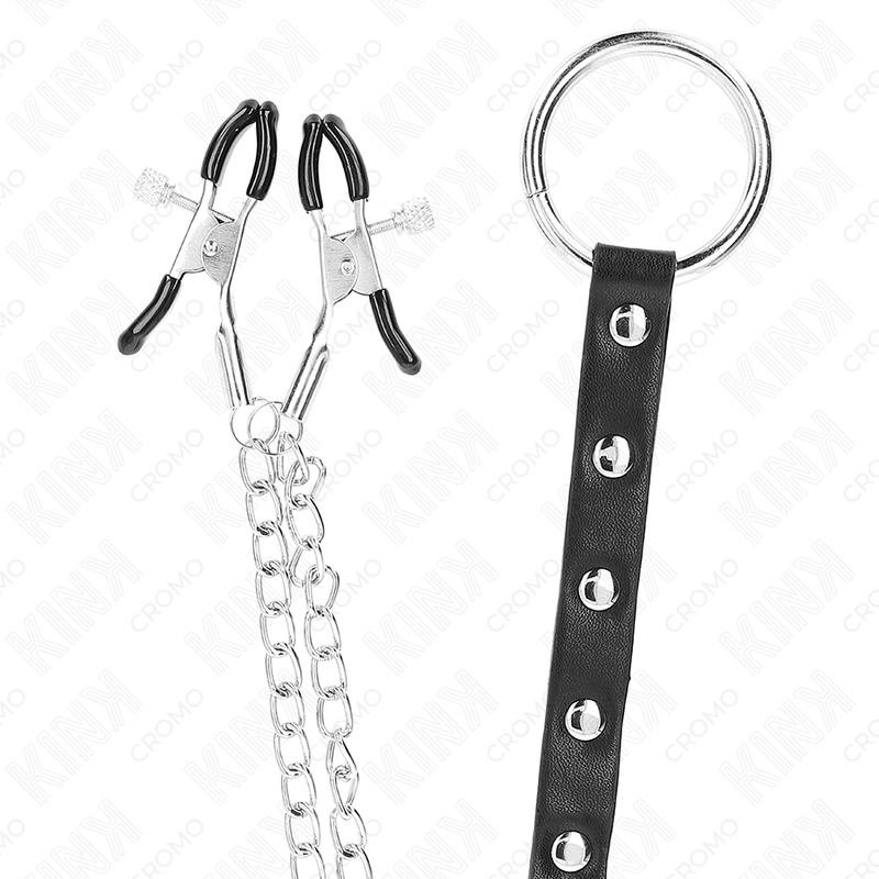 KINK - METAL PENIS RING WITH CHAIN AND ADJUSTABLE NIPPLE CLAMPS - Amore24