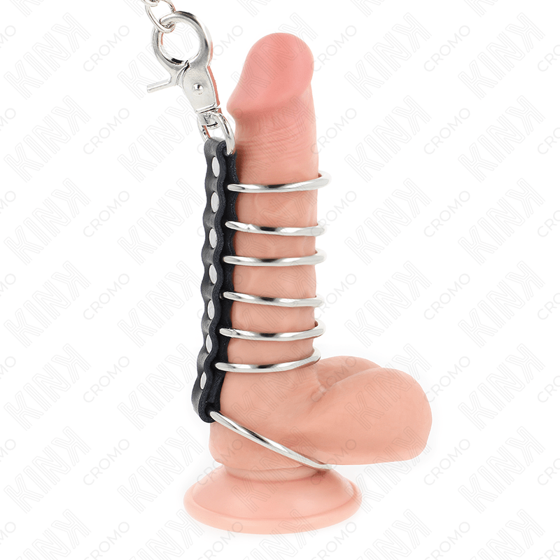 KINK - 7 METAL PENIS RINGS 3.8 CM TO 5 CM CONNECTED WITH LEATHER AND METAL CHAIN 100 CM - Amore24