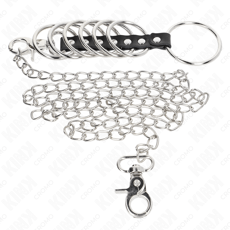 KINK - 7 METAL PENIS RINGS 3.8 CM TO 5 CM CONNECTED WITH LEATHER AND METAL CHAIN 100 CM - Amore24